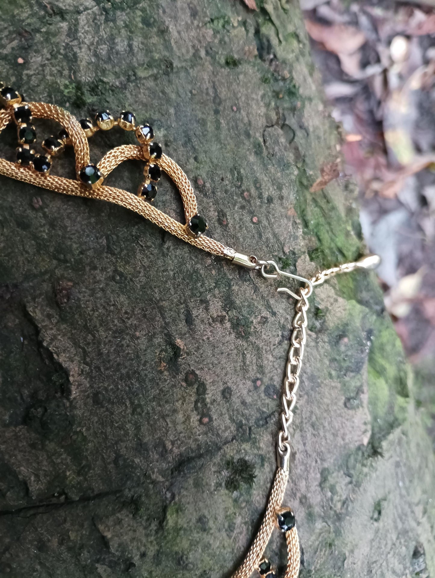 Black Rhinestone Gold Plated Mesh Choker, Braided Gypsy Style