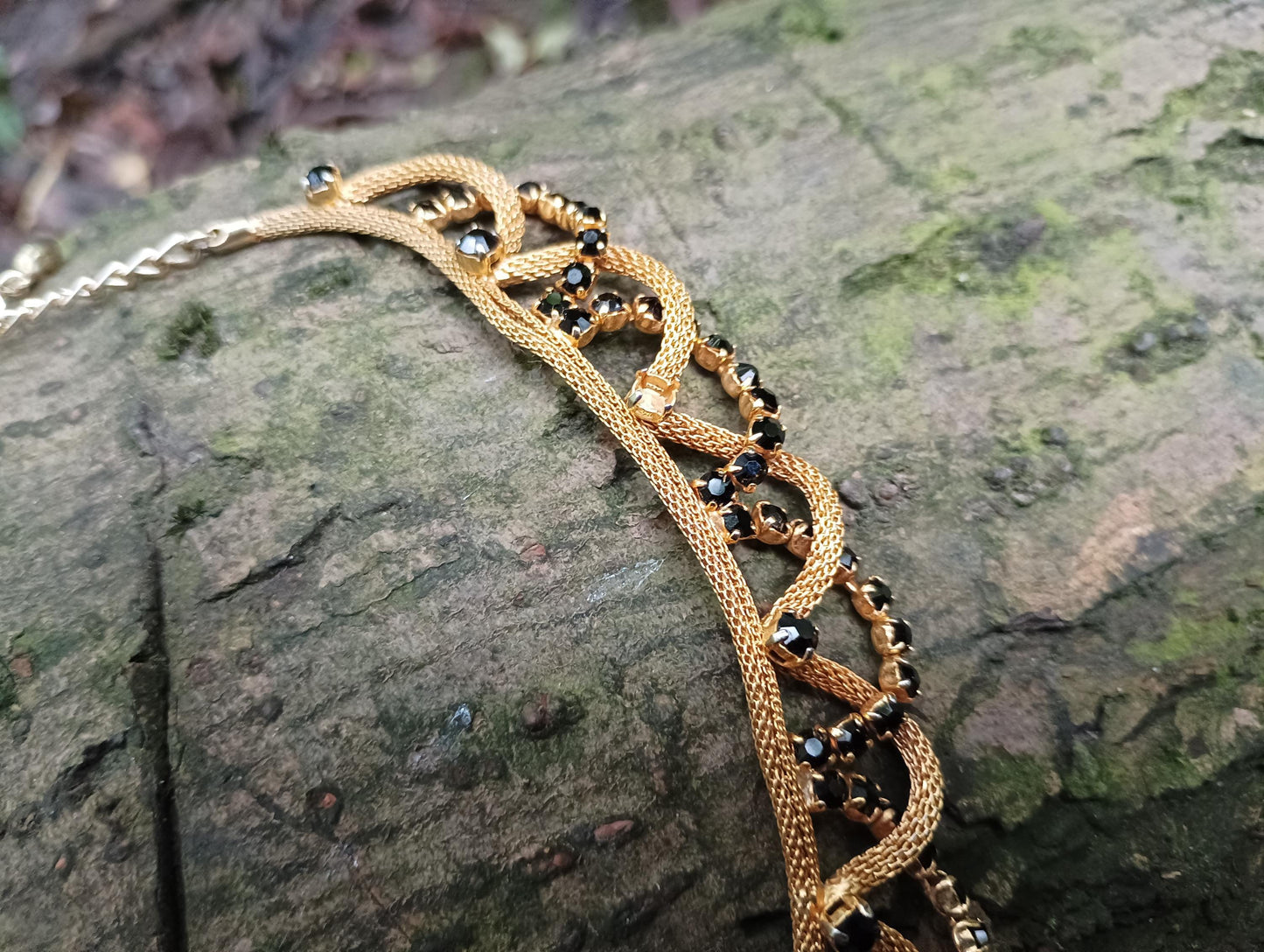 Black Rhinestone Gold Plated Mesh Choker, Braided Gypsy Style