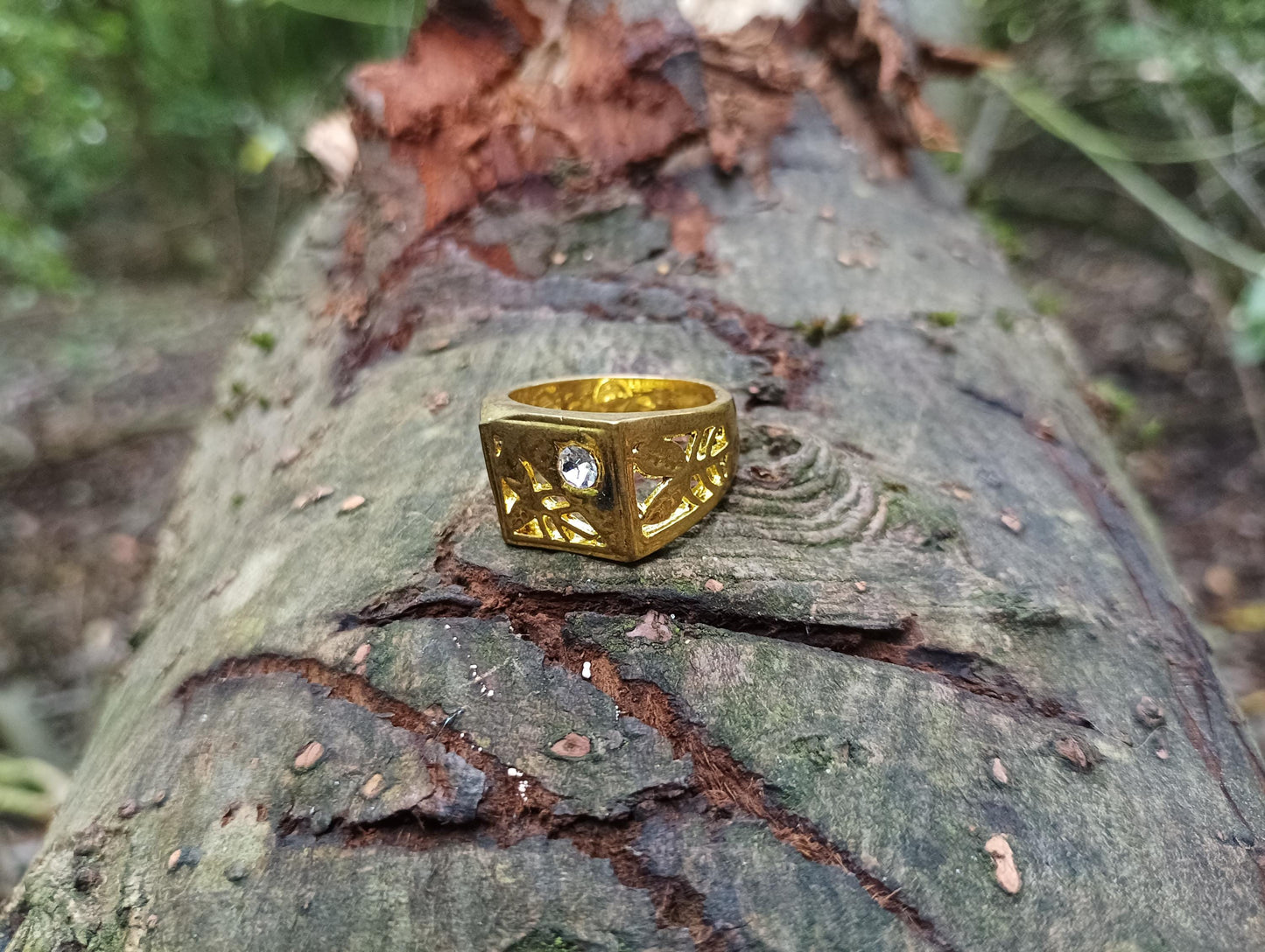 Vintage Gold Plated Signet Ring with Faux Diamond - Size 9