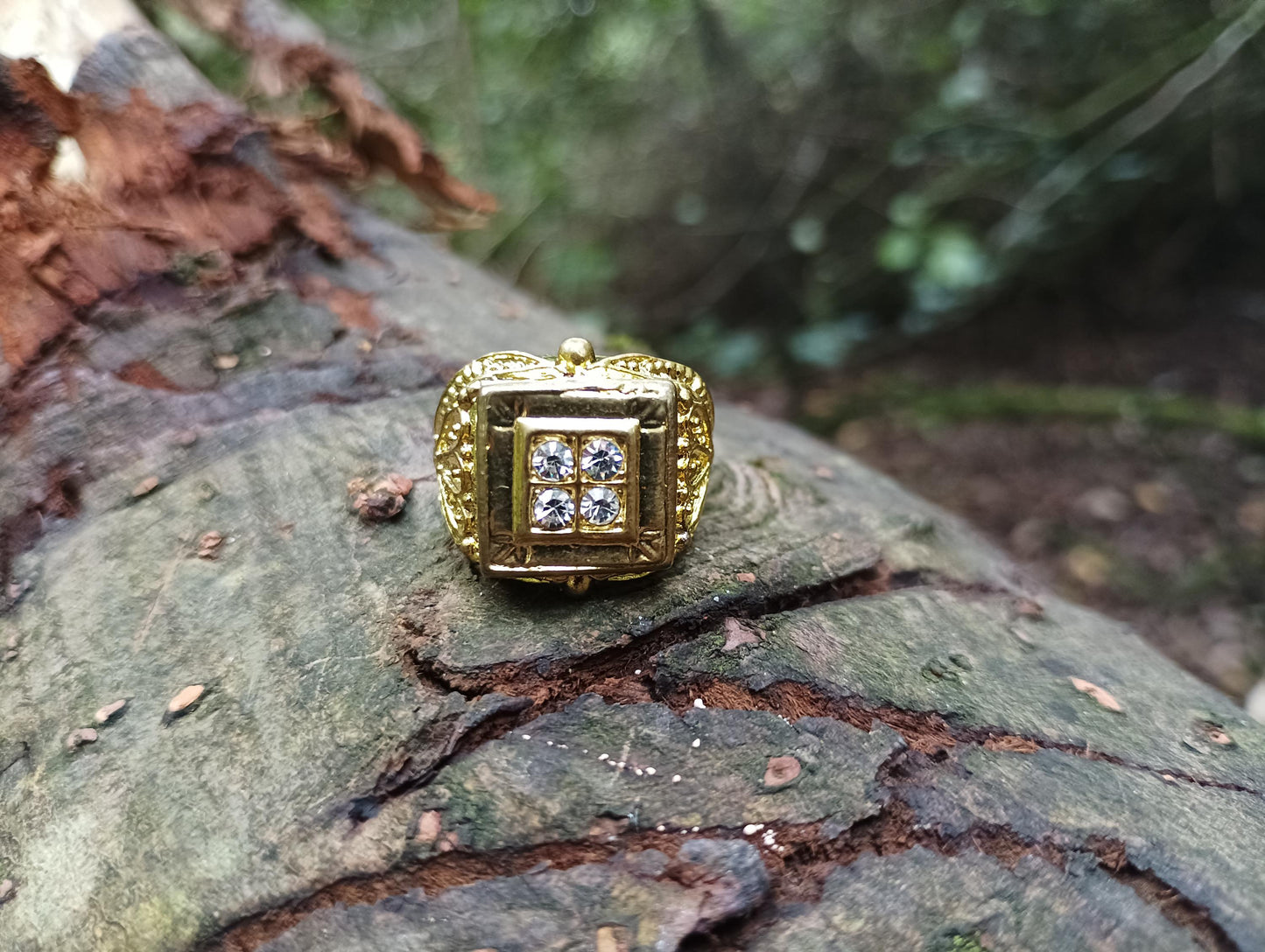 Vintage Gold Plated Signet Ring: Faux Diamond Statement Jewelry, Size 7