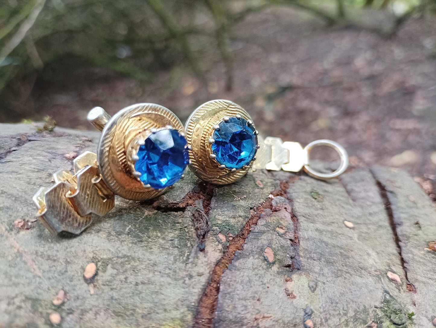 Vintage 60s Blue Rhinestone Cufflinks: Gold Plated Retro Accessory