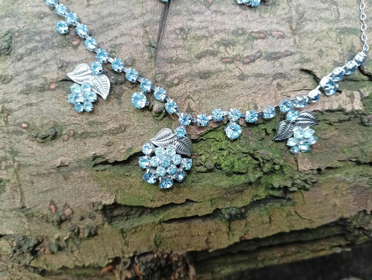 Vintage Blue Rhinestone Flower Necklace & Clip On Earring Set