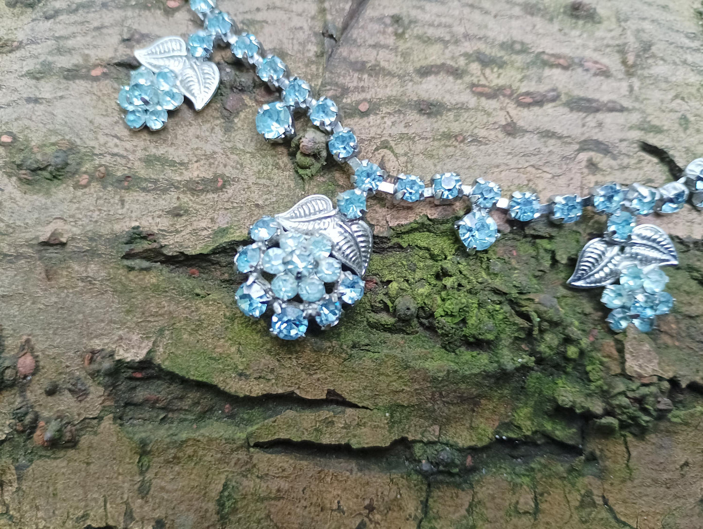 Vintage Blue Rhinestone Flower Necklace & Clip On Earring Set