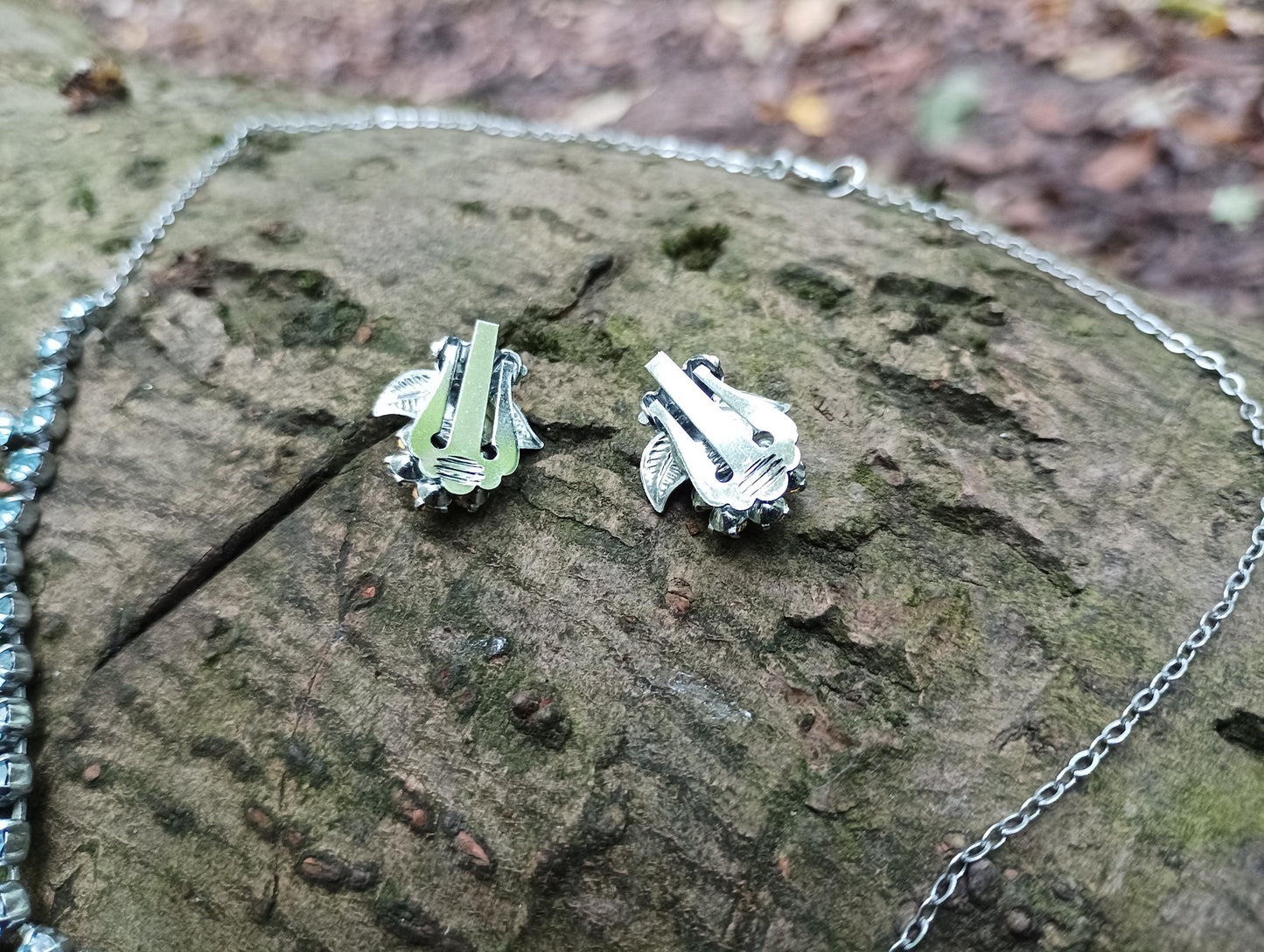Vintage Blue Rhinestone Flower Necklace & Clip On Earring Set