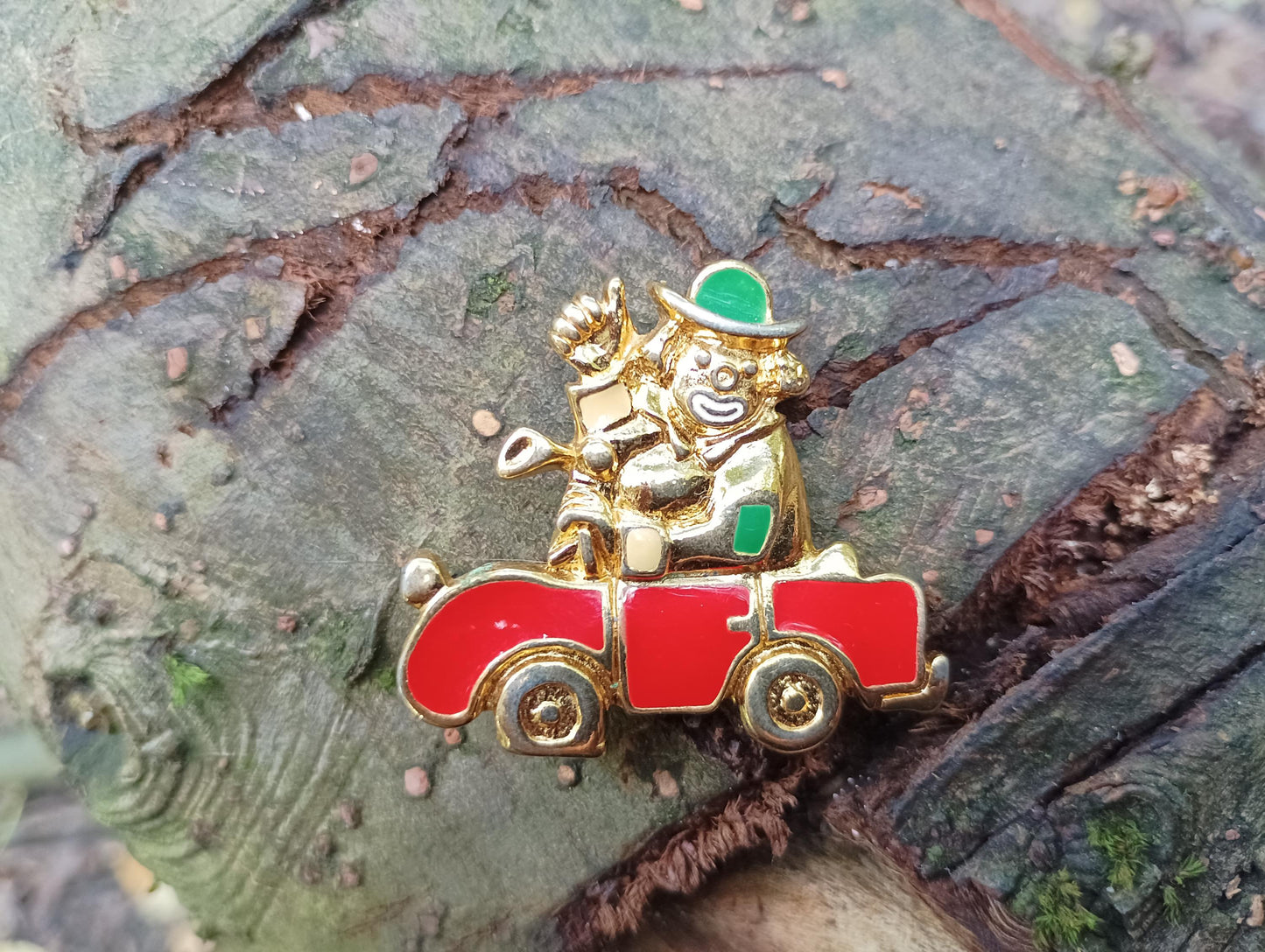 Vintage Gold Plated Clown Car Brooch: 1960s Retro Fashion