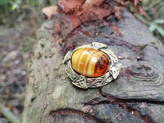 Vintage Tigereye Brooch: Gold Plated Celtic Design, 1970s Jewelry