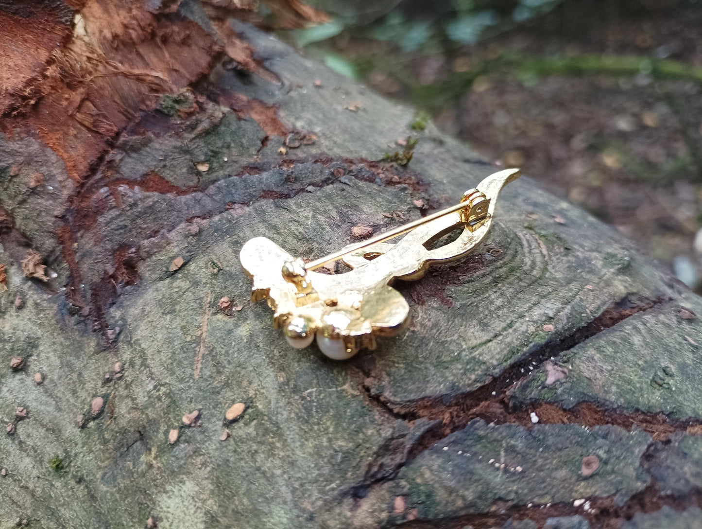 Vintage Floral Brooch: Gold Plated Faux Pearl & Diamond, 1960s Style