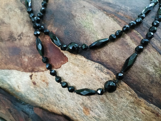 Victorian Black Glass Bead Necklace: Individually Knotted Multistrand Jewelry