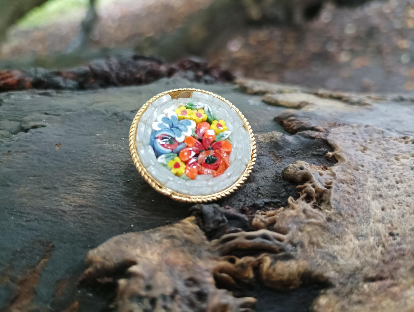 Vintage Italian Micro Mosaic Brooch: Gold Plated Floral Tile Art