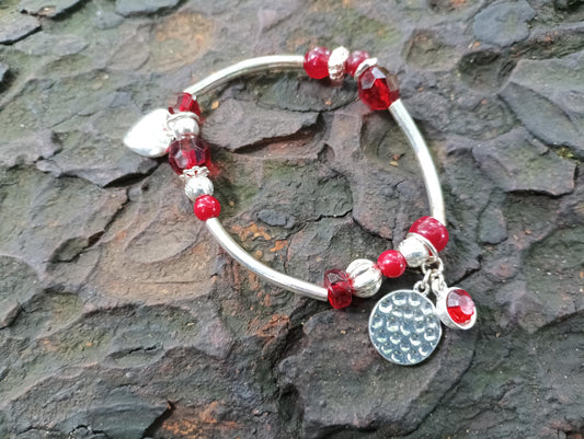 Vintage Ruby Red Charm Bracelet: Silver Style Elasticated Jewelry