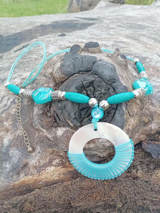 Vintage Shell Pendant Necklace: Turquoise Beaded Cord, 1990s Costume Jewelry