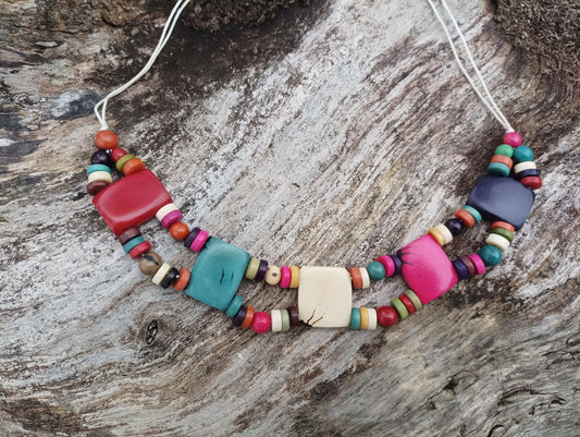 Chunky Tagua Nut Beaded Necklace: Colourful Corded Hippy Statement