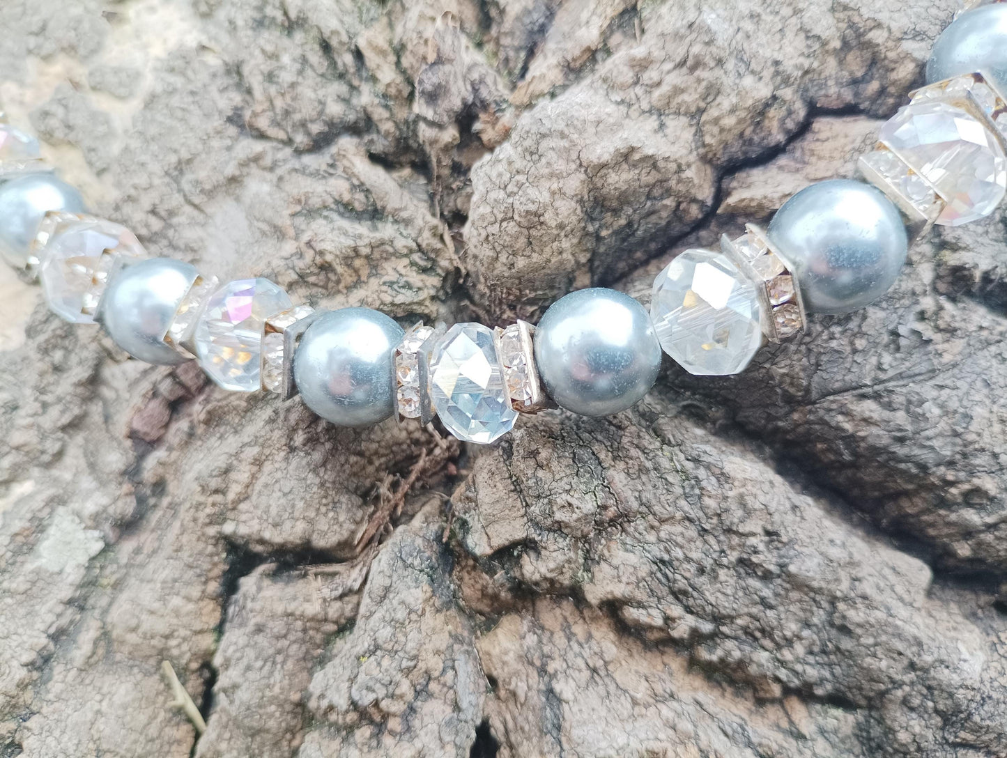 Vintage Crystal Beaded Necklace: Silver Plastic, Diamante Rhinestone