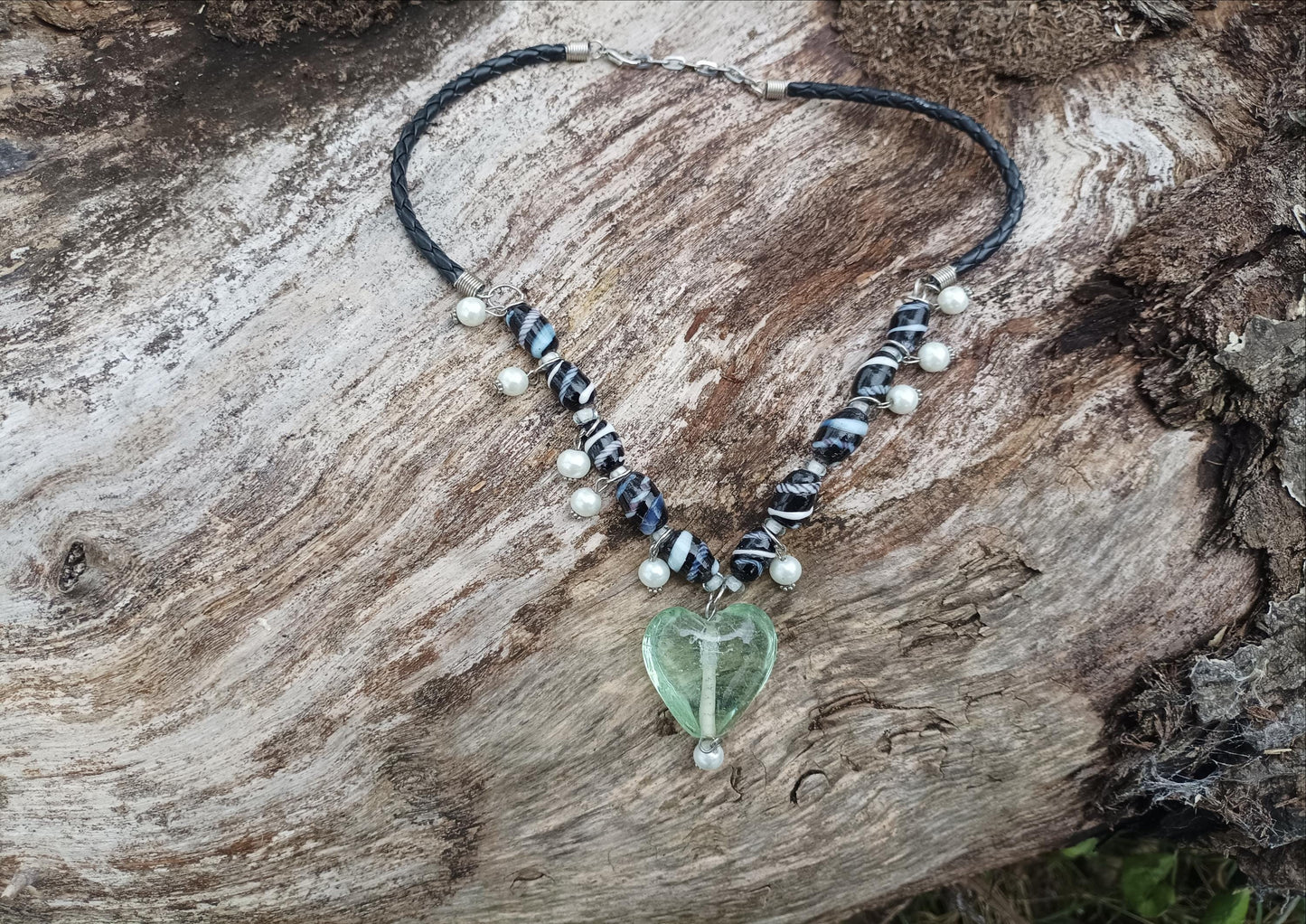 Vintage Green Glass Heart Pendant Necklace: Braided Leather & Faux Pearls