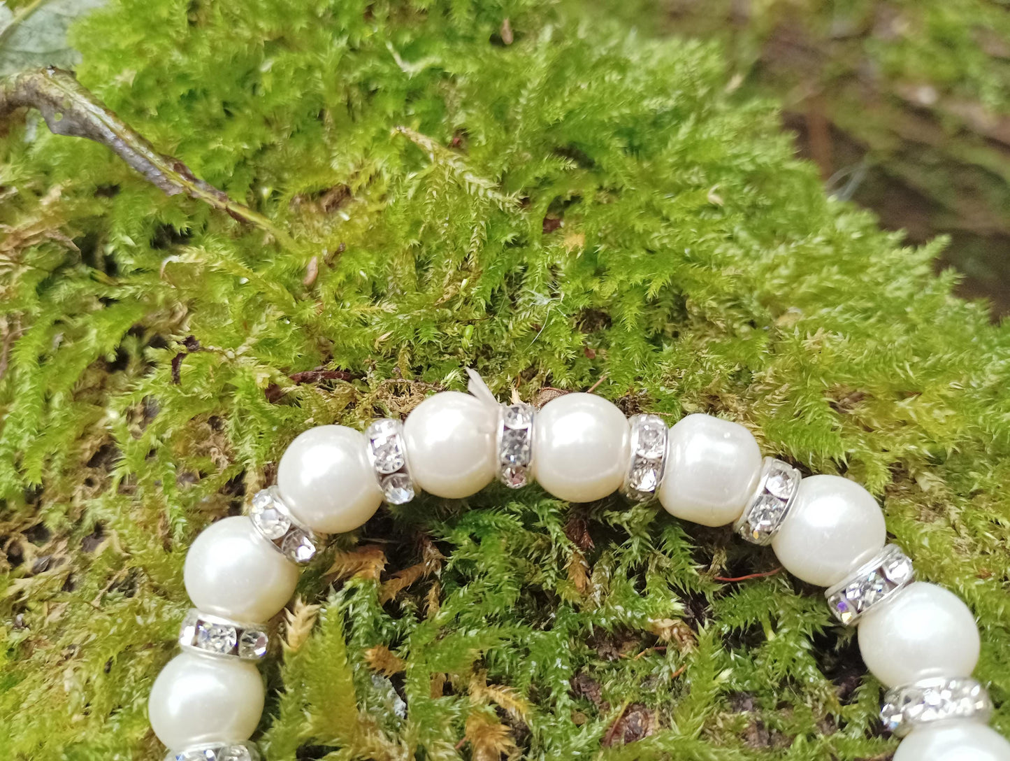Vintage Faux Pearl Diamante Bracelet: 1990s Elasticated Jewelry