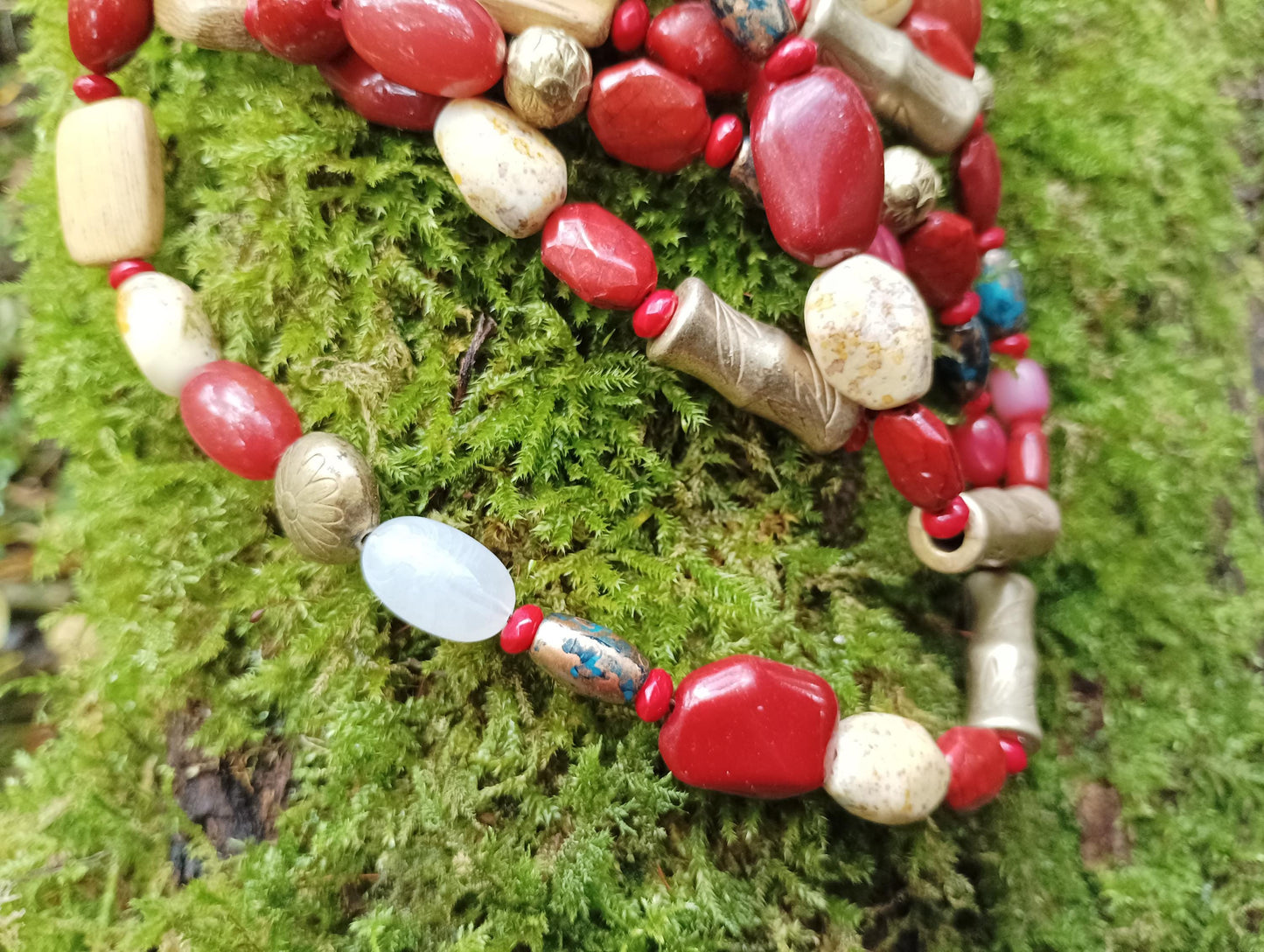 Long Beaded Necklace: Autumn Red, Brown, Gold, Wood & Glass