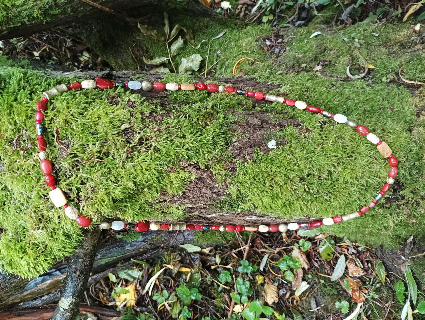 Long Beaded Necklace: Autumn Red, Brown, Gold, Wood & Glass