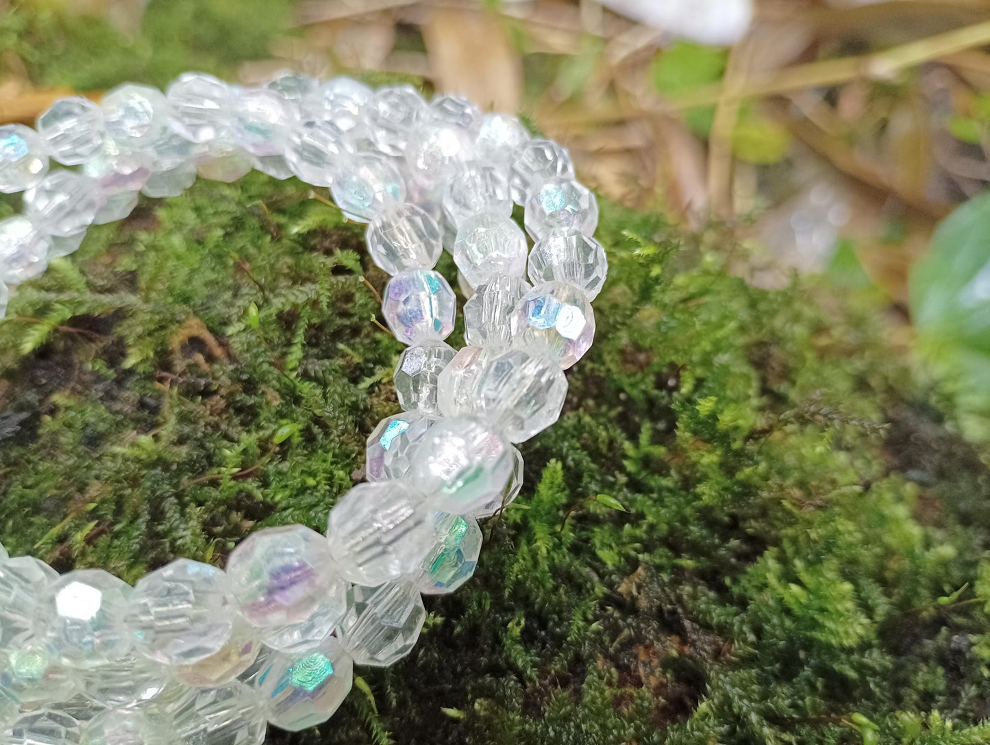 Vintage Iridescent Beaded Bracelet Necklace: Clear Faceted Plastic, Retro Costume Jewelry