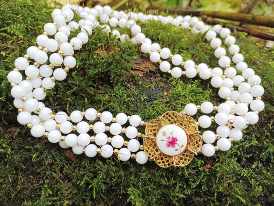 Vintage Faux Pearl Multi-Strand Necklace: Rose Clasp Bohemian Jewelry