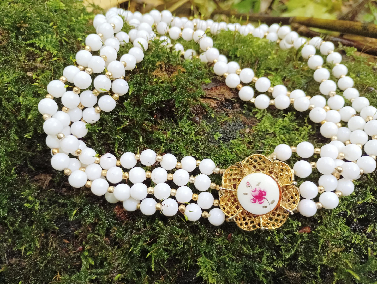 Vintage Faux Pearl Multi-Strand Necklace: Rose Clasp Bohemian Jewelry