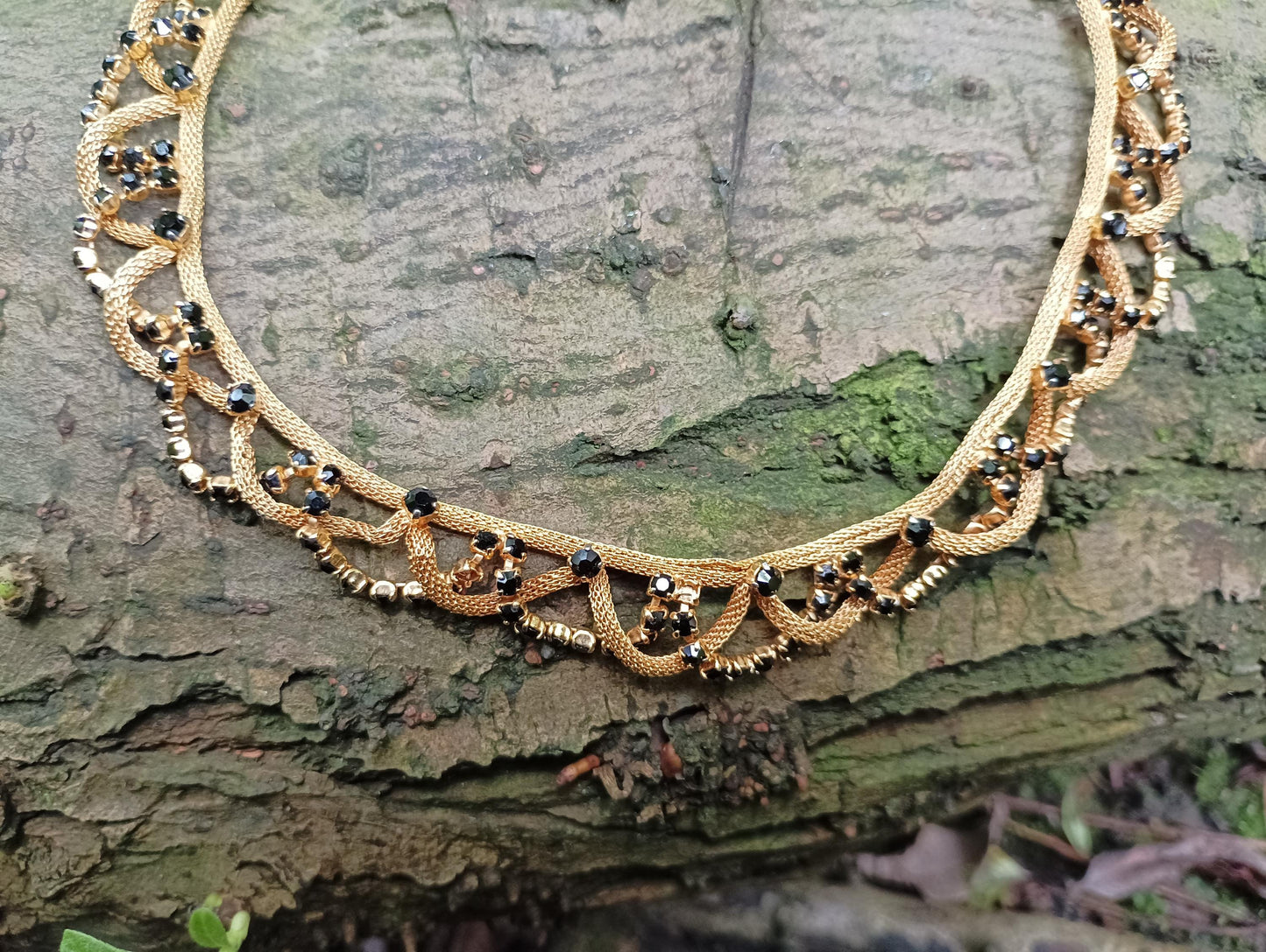 Black Rhinestone Gold Plated Mesh Choker, Braided Gypsy Style
