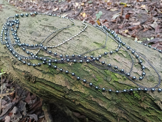 Vintage Silver Bead Multi Strand Necklace: Bohemian Diamante Cluster Jewelry