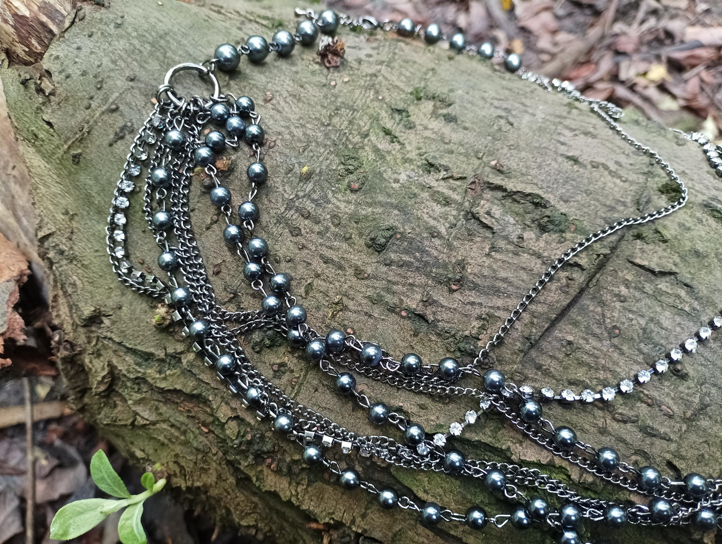 Vintage Silver Bead Multi Strand Necklace: Bohemian Diamante Cluster Jewelry