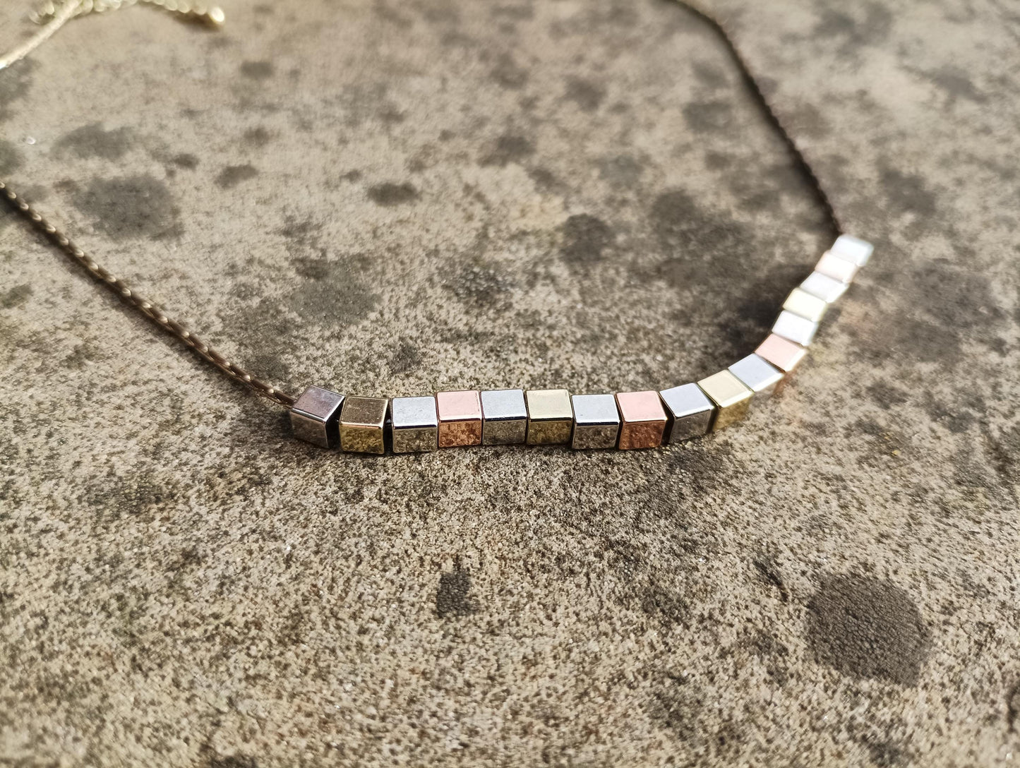 Vintage Multi Tone Cube Necklace: Gold Plated Dainty Chain Choker