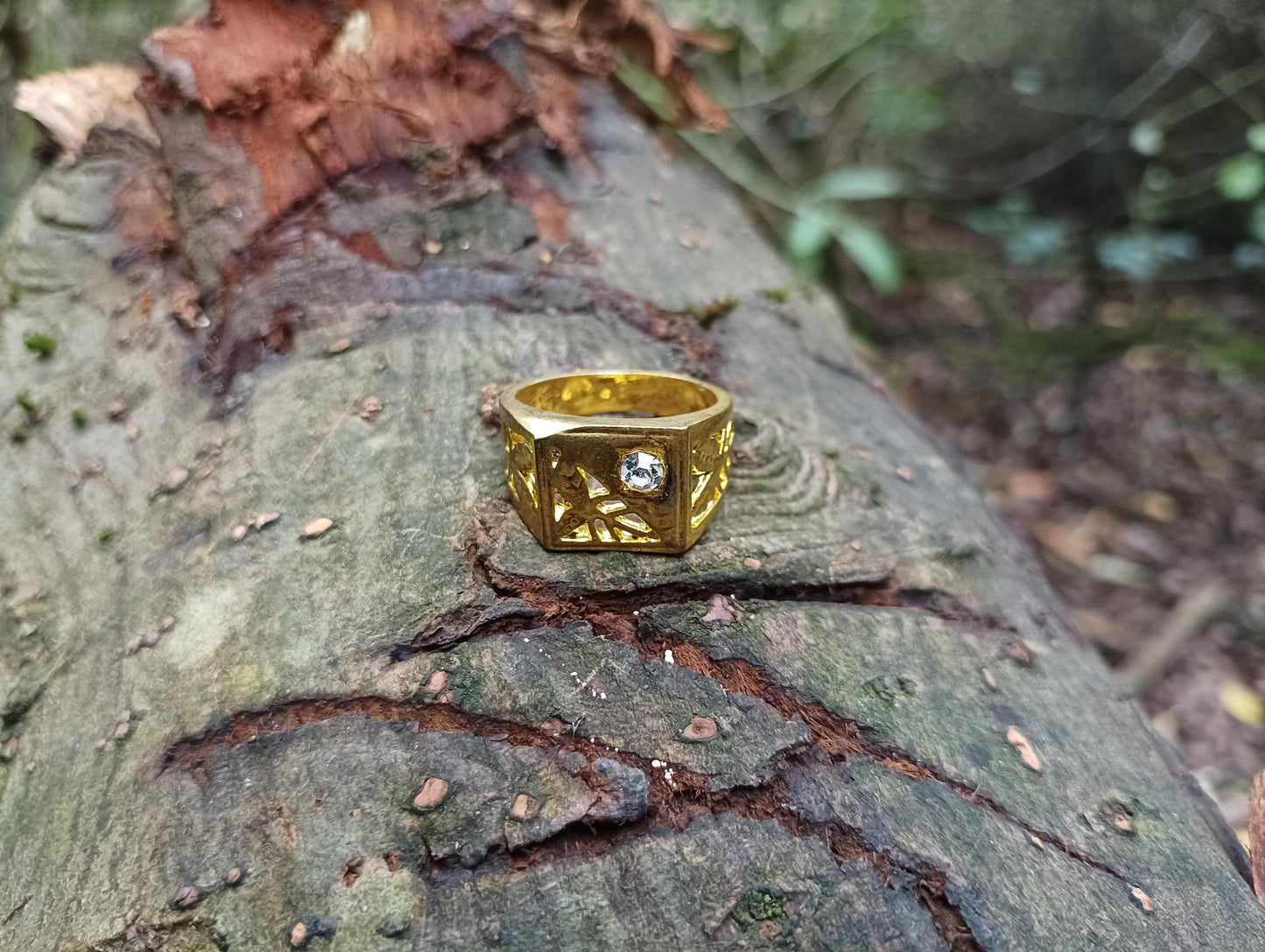 Vintage Gold Plated Signet Ring with Faux Diamond - Size 9