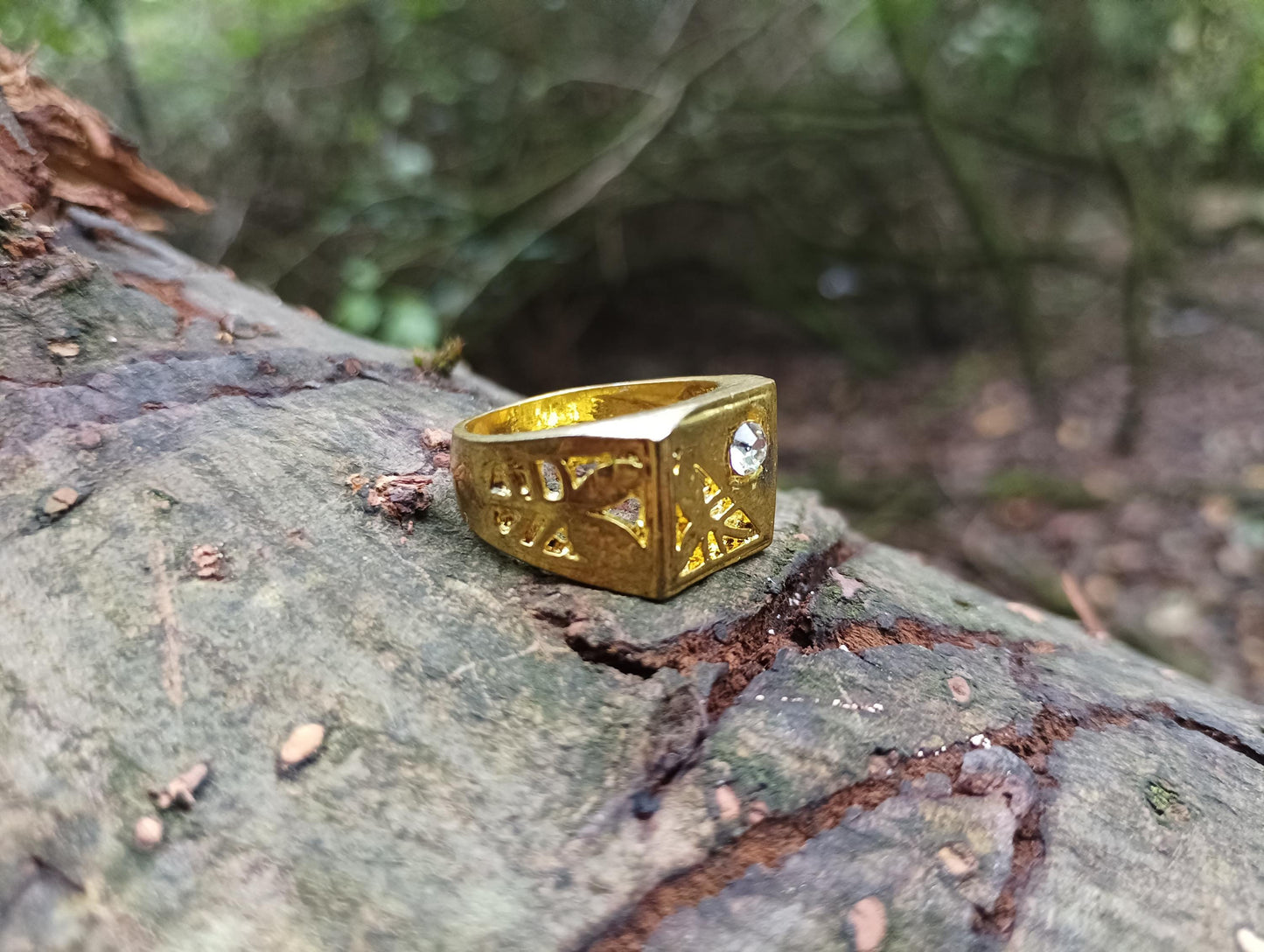 Vintage Gold Plated Signet Ring with Faux Diamond - Size 9