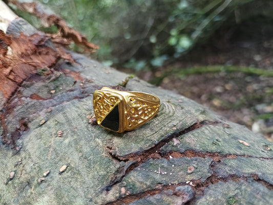 Vintage Gold Plated Signet Ring: Black Filigree, Size 10.5
