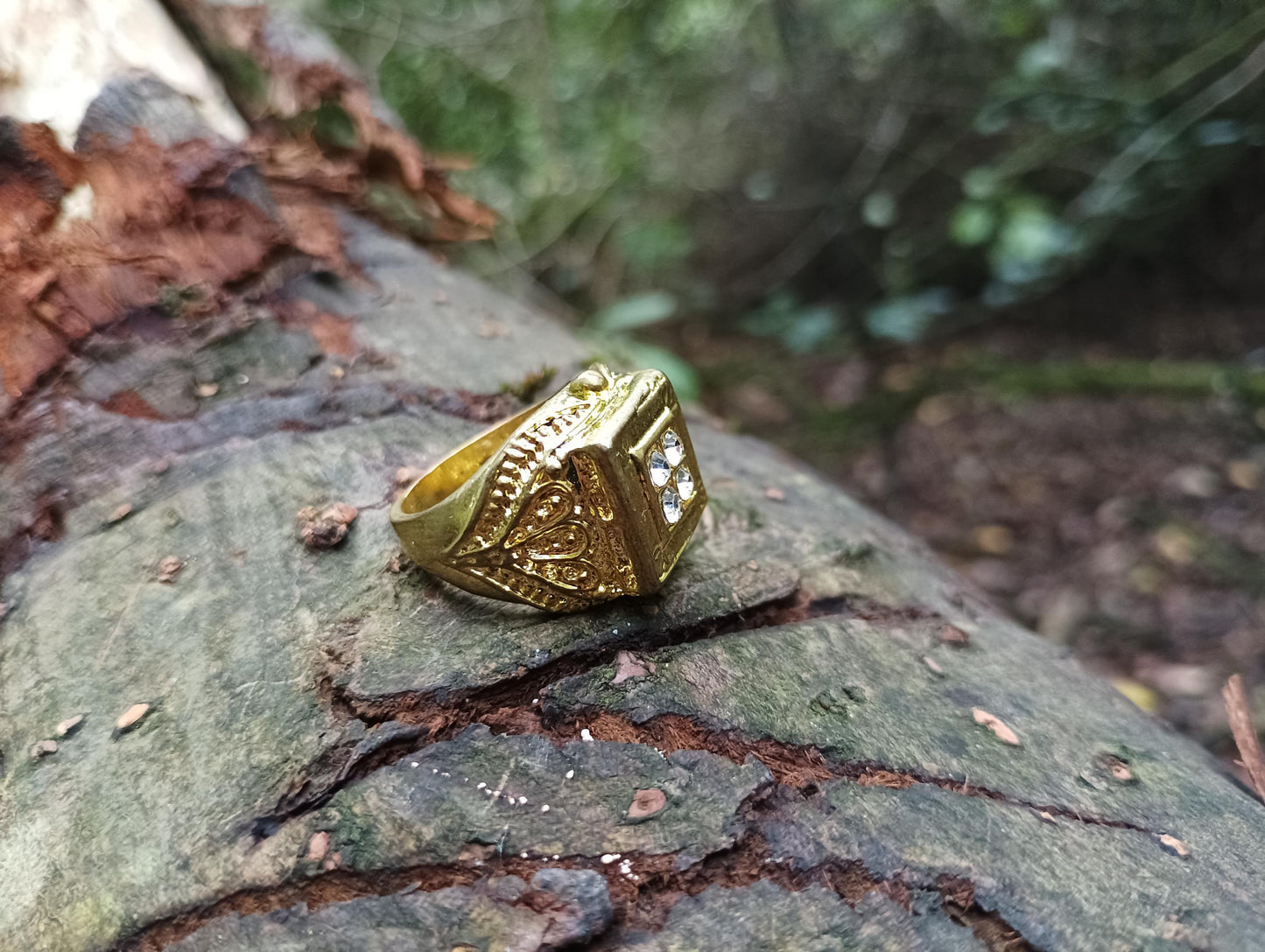 Vintage Gold Plated Signet Ring: Faux Diamond Statement Jewelry, Size 7