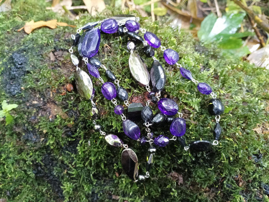 Long Plastic Bead Necklace: Black, Purple & Silver Statement Jewelry