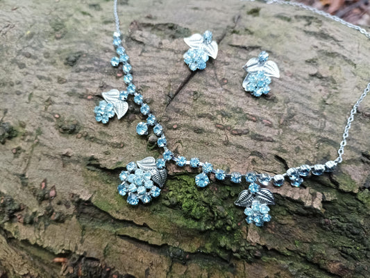 Vintage Blue Rhinestone Flower Necklace & Clip On Earring Set