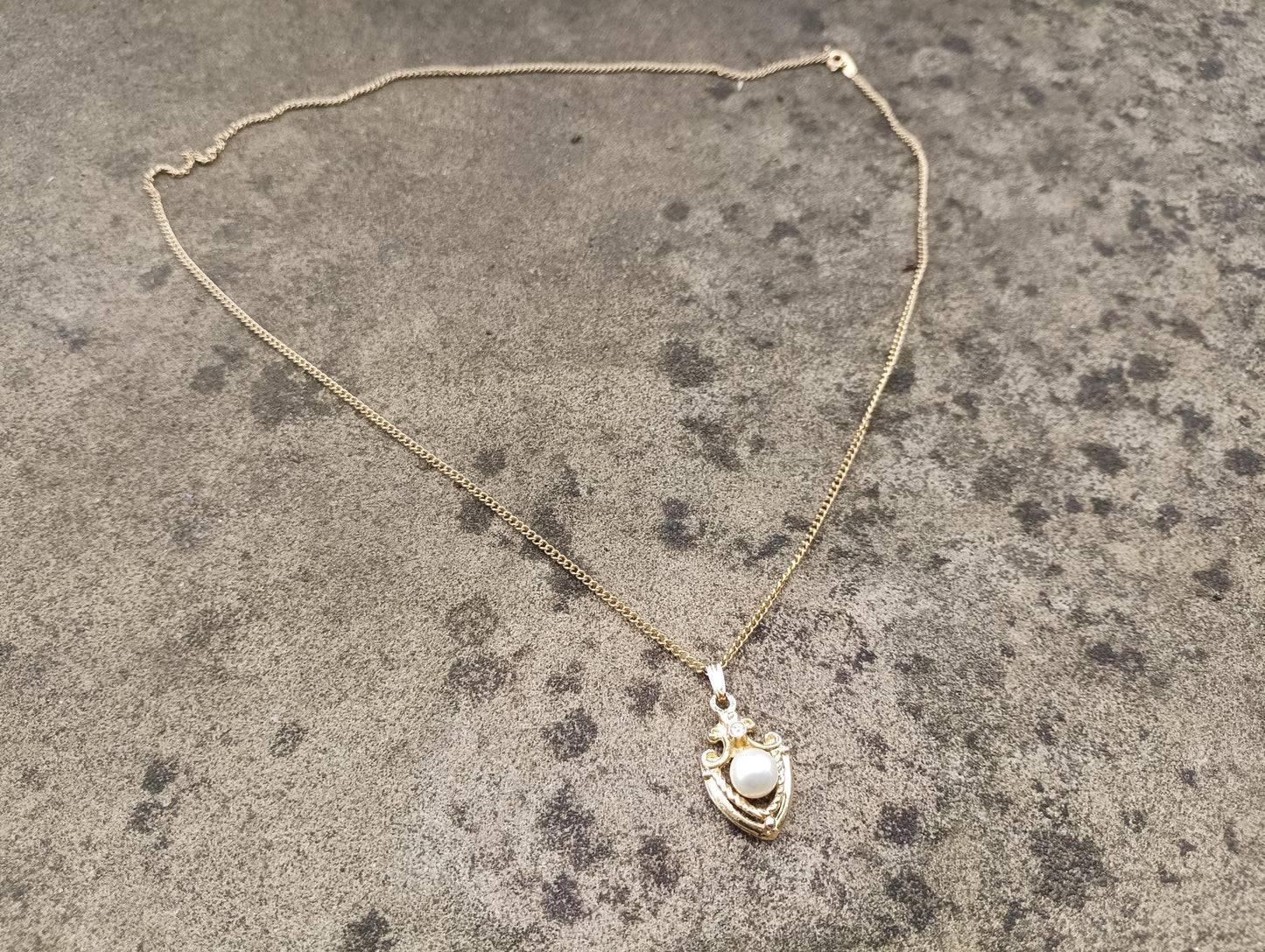 Vintage Gold Plated Necklace: Faux Pearl & Diamond Shield Pendant