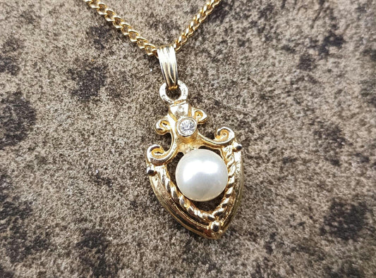 Vintage Gold Plated Necklace: Faux Pearl & Diamond Shield Pendant