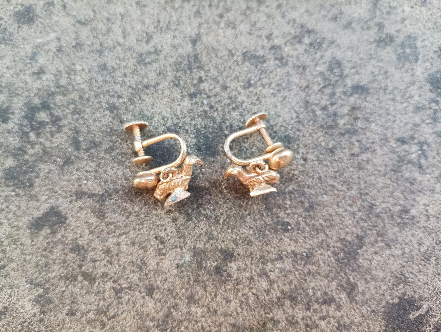 Vintage Gold Plated Sterling Silver Bird Earrings: 1920s Screw Back