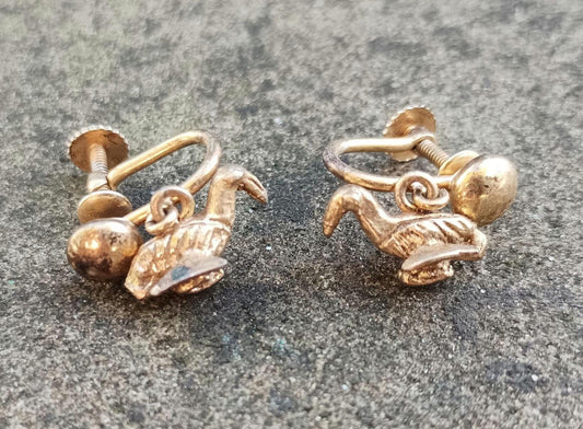 Vintage Gold Plated Sterling Silver Bird Earrings: 1920s Screw Back