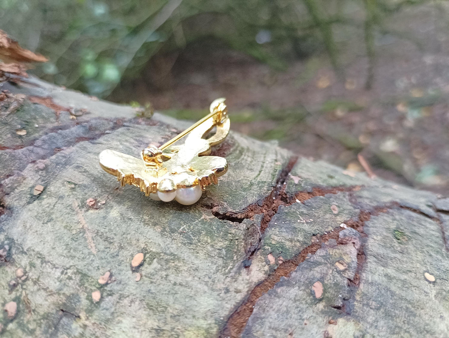 Vintage Floral Brooch: Gold Plated Faux Pearl & Diamond, 1960s Style