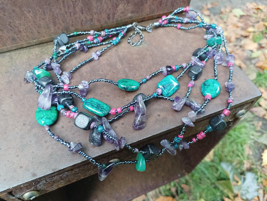Vintage Amethyst Chrysocolla Multi-Strand Necklace: Bohemian Gemstone Bead Chain