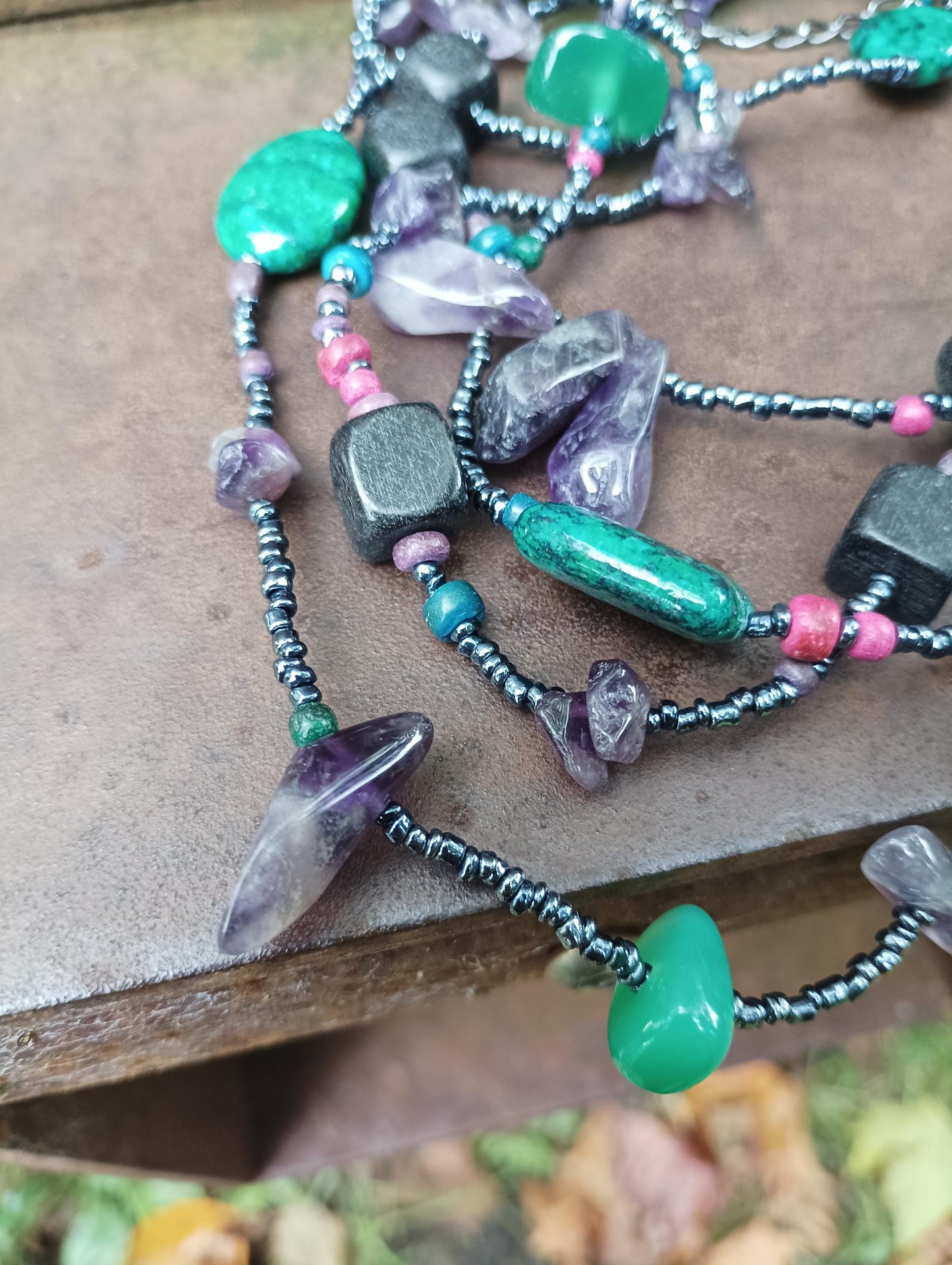 Vintage Amethyst Chrysocolla Multi-Strand Necklace: Bohemian Gemstone Bead Chain