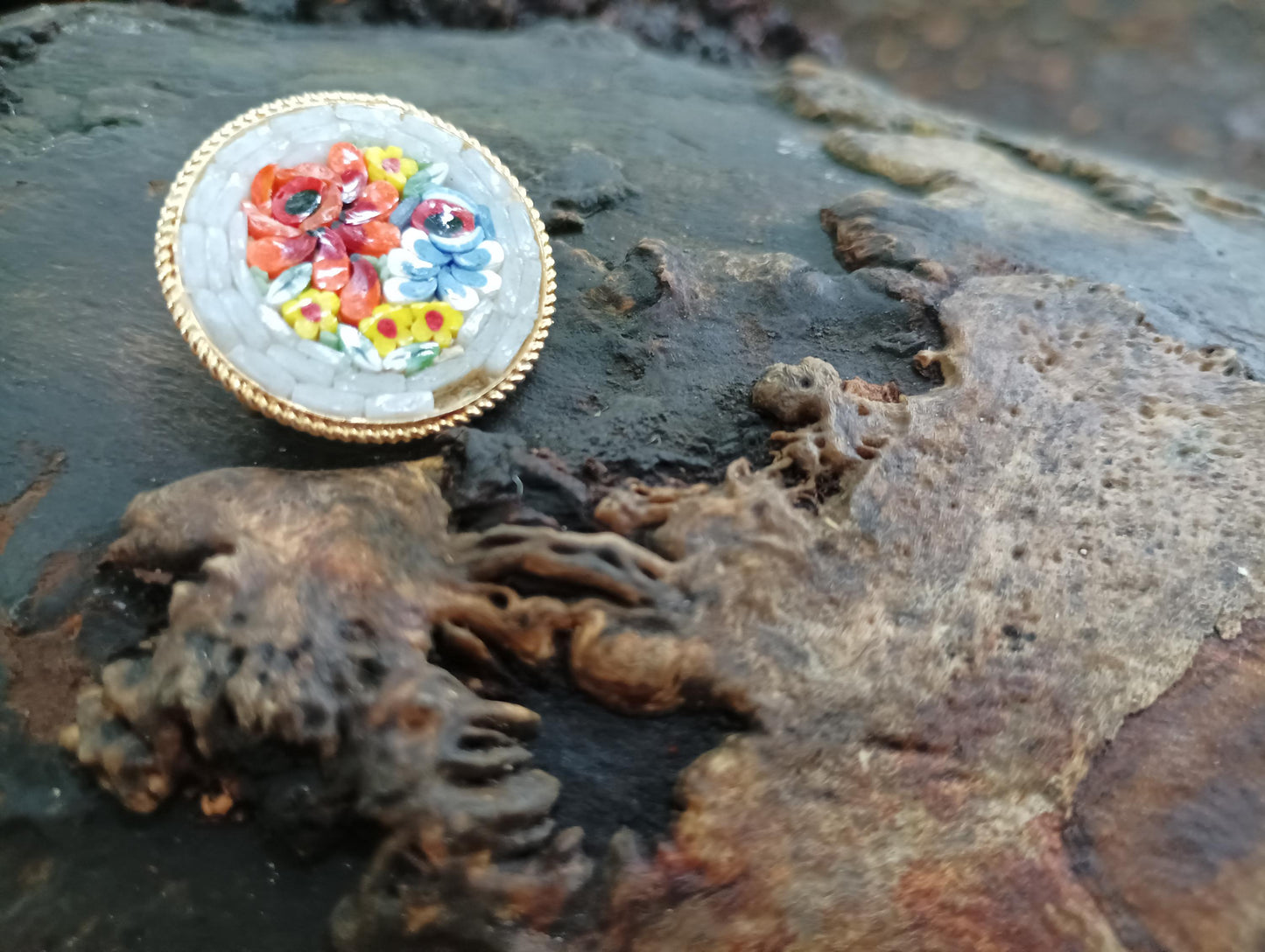 Vintage Italian Micro Mosaic Brooch: Gold Plated Floral Tile Art