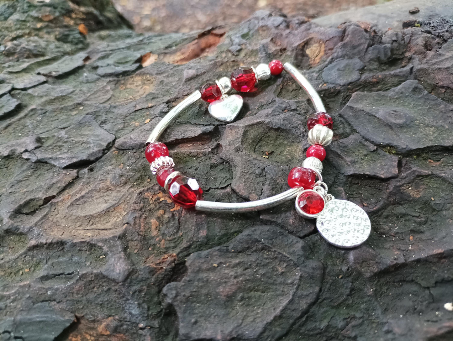 Vintage Ruby Red Charm Bracelet: Silver Style Elasticated Jewelry