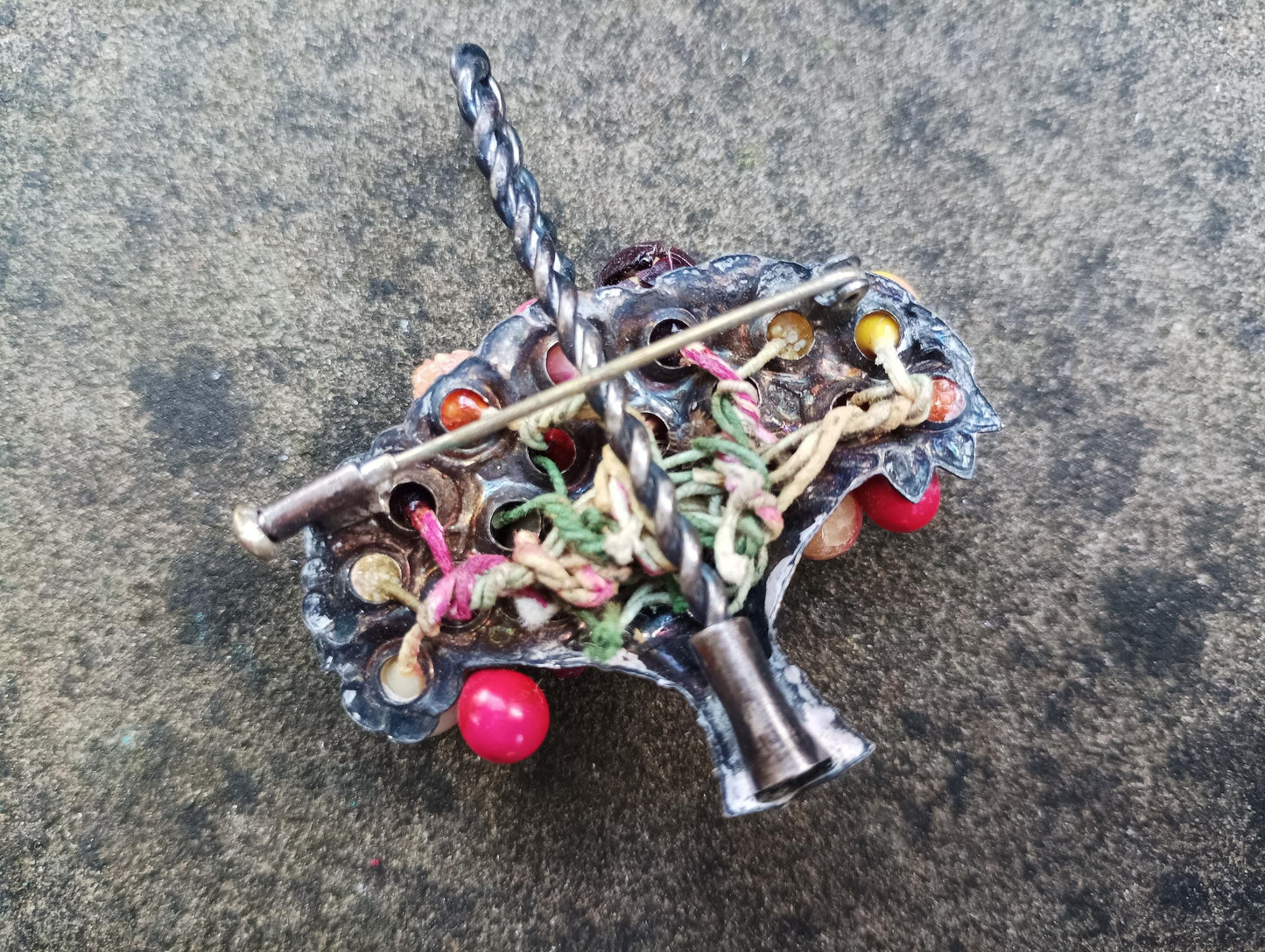 Vintage Beaded Fruit Basket Brooch: 1930s Celluloid Costume Jewelry