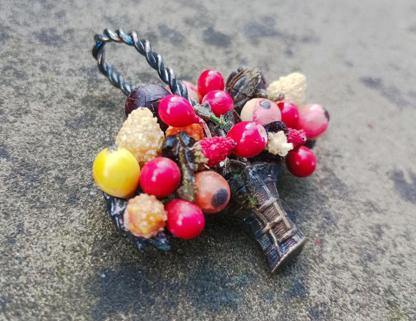 Vintage Beaded Fruit Basket Brooch: 1930s Celluloid Costume Jewelry