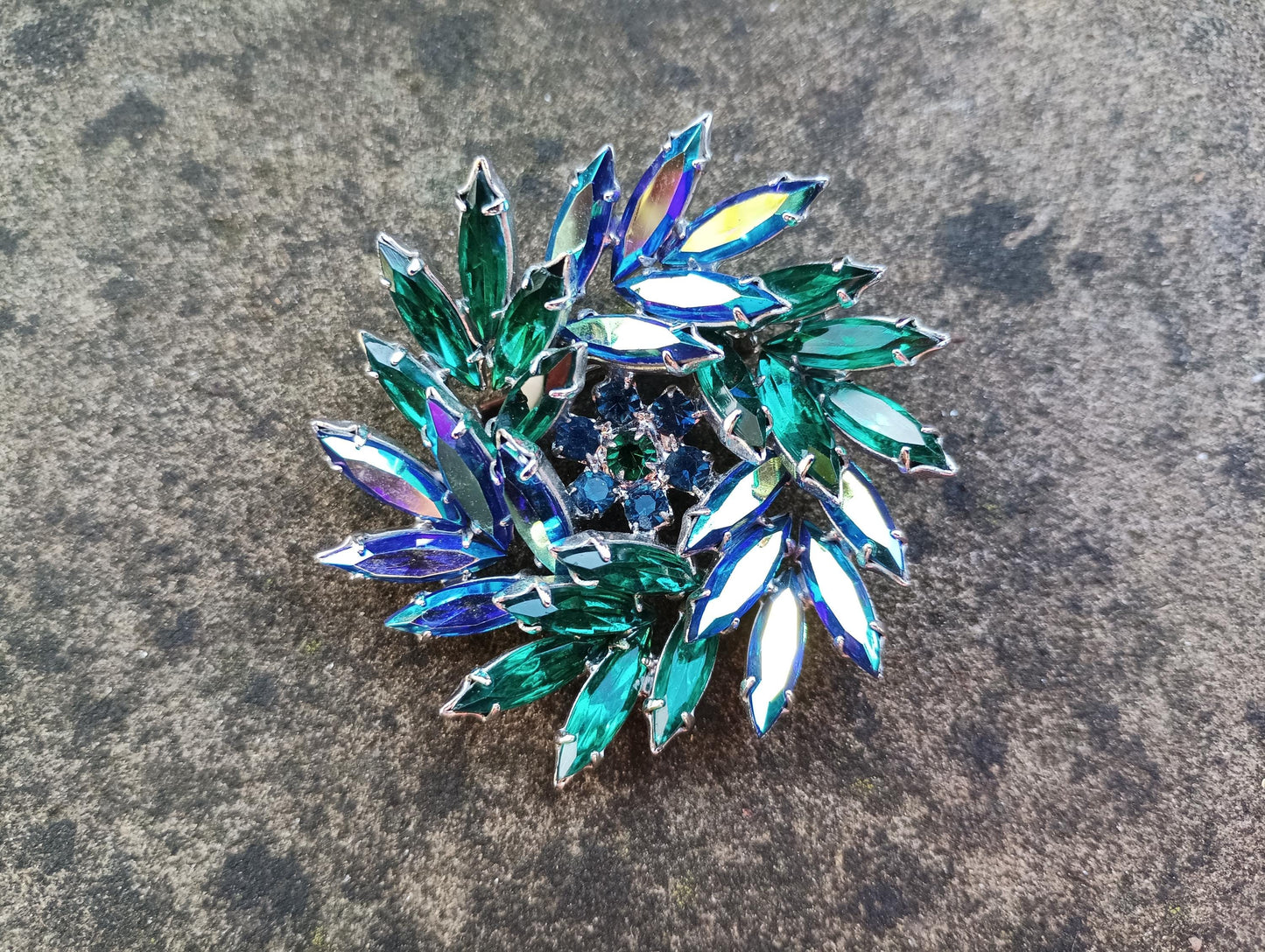 Vintage Aurora Borealis Crystal Brooch: Green Blue Wreath, 1960s Glamour