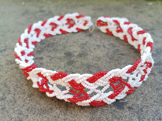 Vintage Red & White Seed Bead Choker: Native American Style Boho Necklace