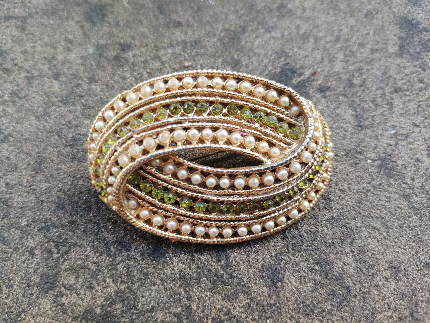 Vintage Gold Plated Brooch: Faux Pearl & Peridot Costume Jewelry