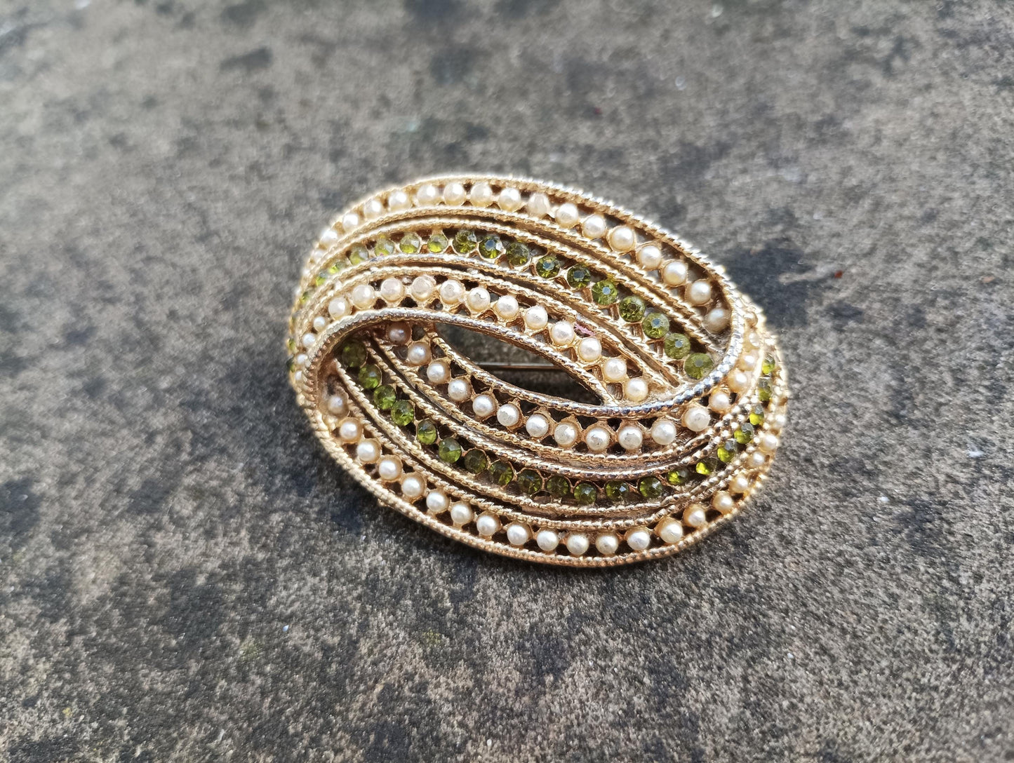 Vintage Gold Plated Brooch: Faux Pearl & Peridot Costume Jewelry
