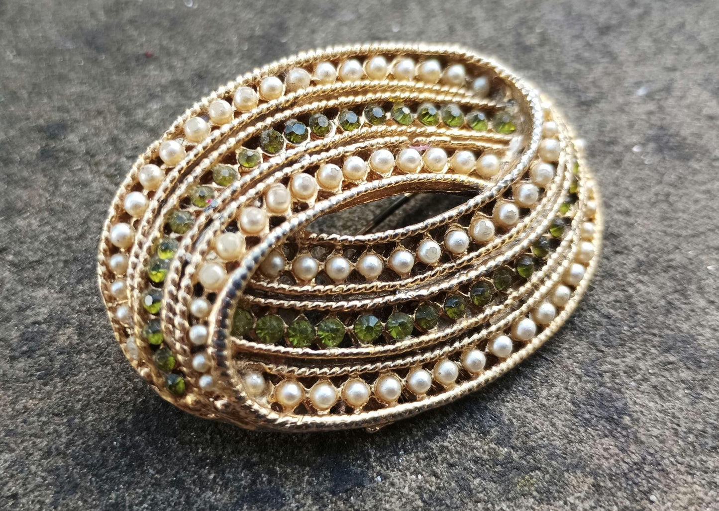 Vintage Gold Plated Brooch: Faux Pearl & Peridot Costume Jewelry
